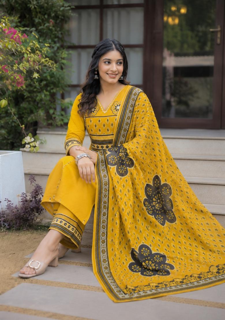 Yellow Embroidered Cotton Kurta Set - Indya