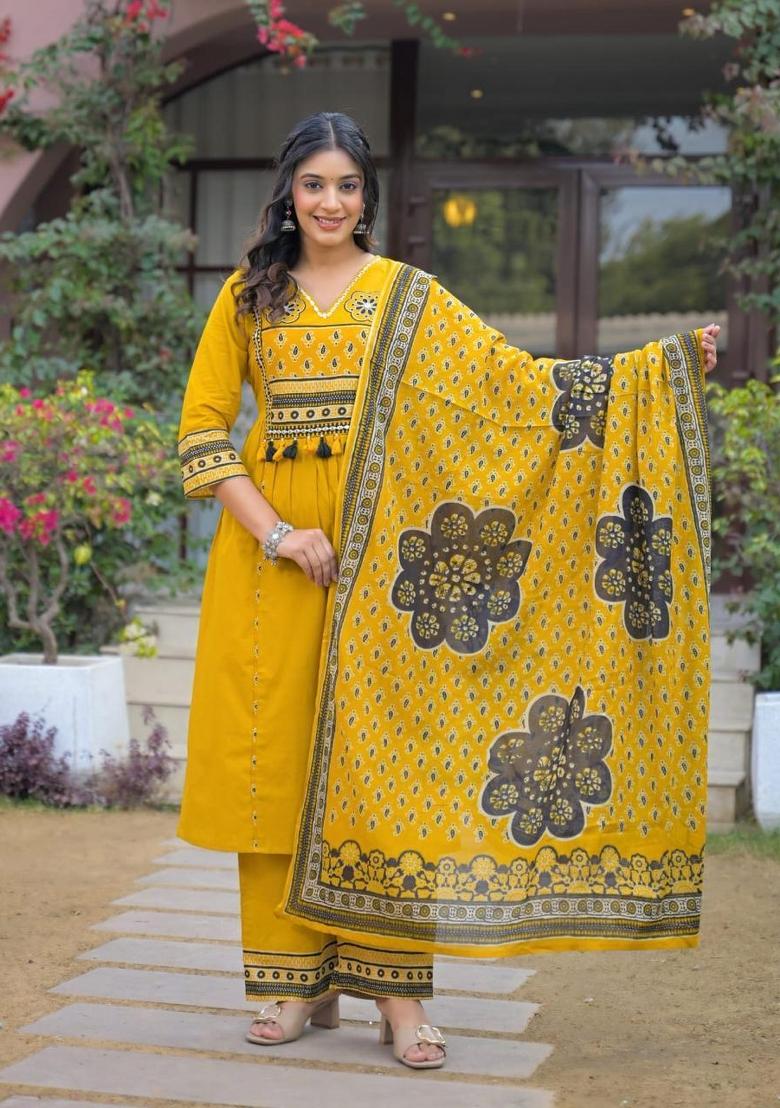 Yellow Embroidered Cotton Kurta Set - Indya