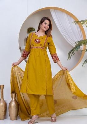 Mustard Embroidered Cotton Kurta Set
