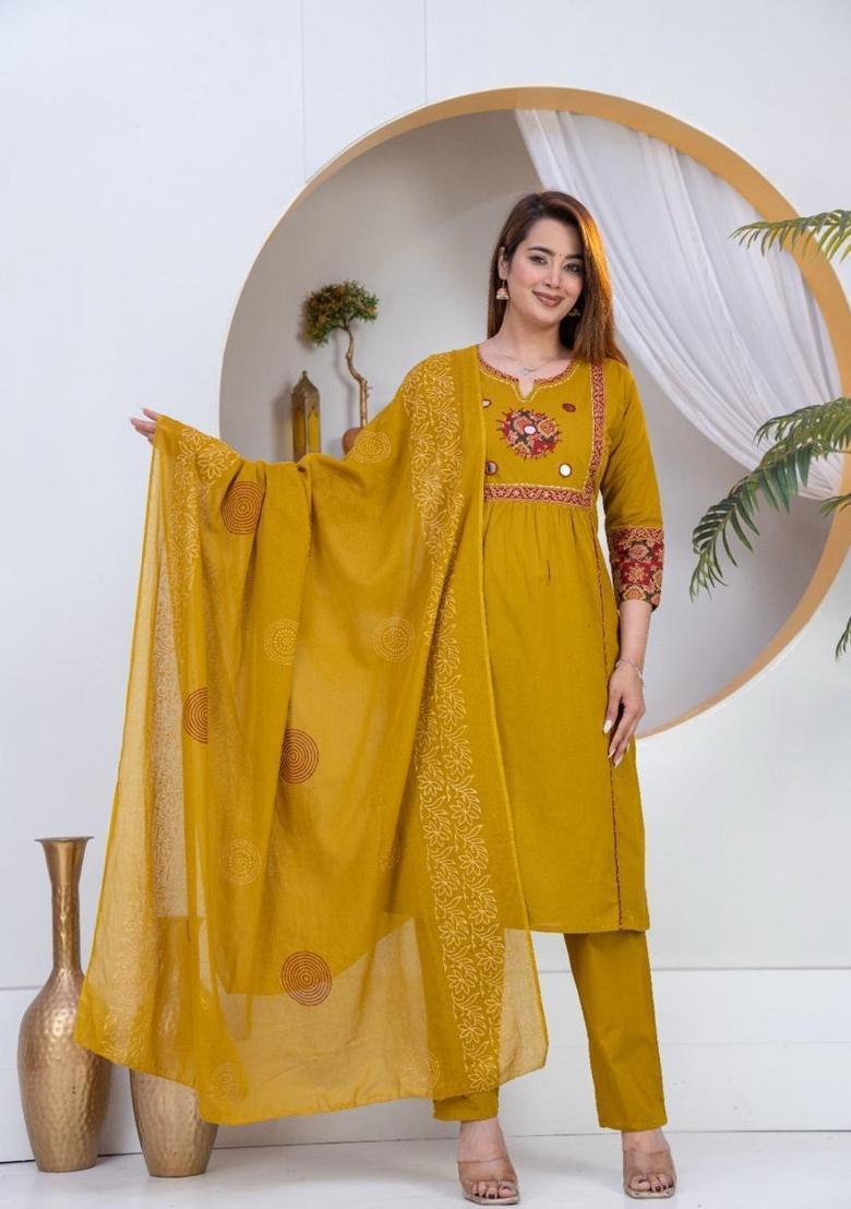 Mustard Embroidered Cotton Kurta Set - Indya
