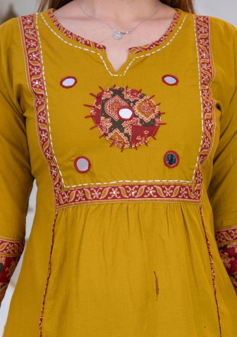 Mustard Embroidered Cotton Kurta Set - Indya