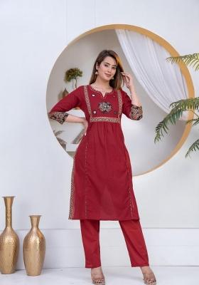 Maroon Embroidered Cotton Kurta Set