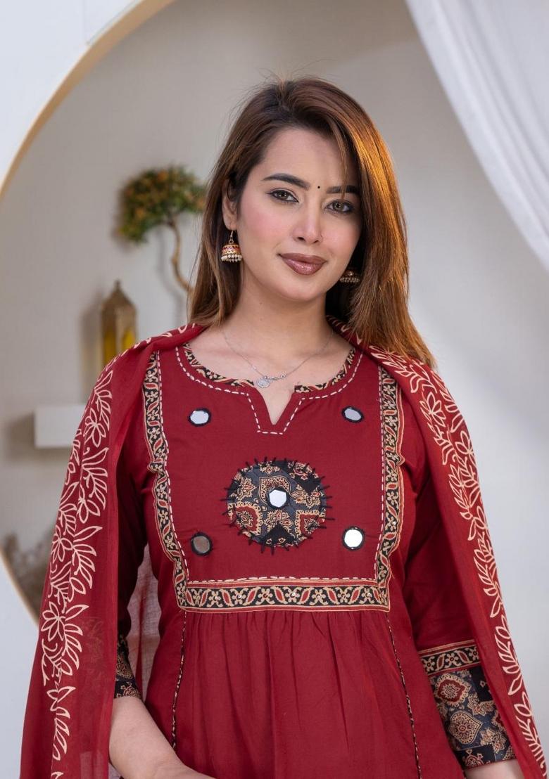Maroon Embroidered Cotton Kurta Set - Indya