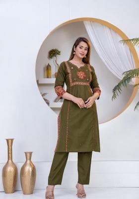 Green Embroidered Cotton Kurta Set
