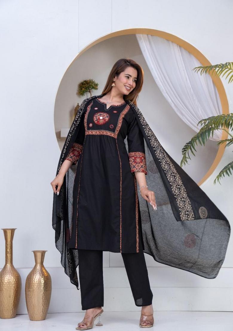 Black Embroidered Cotton Kurta Set - Indya