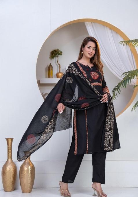 Black Embroidered Cotton Kurta Set