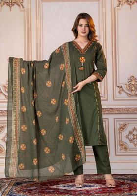 Olive Embroidered Cotton Kurta Set