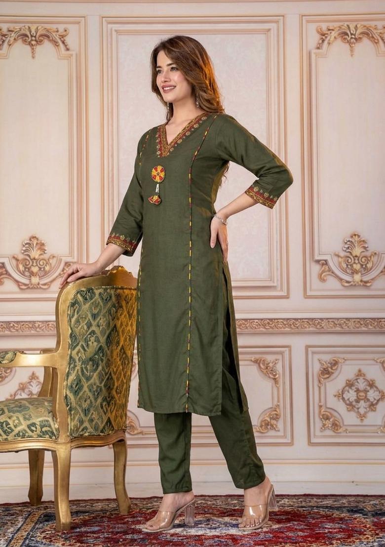 Olive Embroidered Cotton Kurta Set - Indya