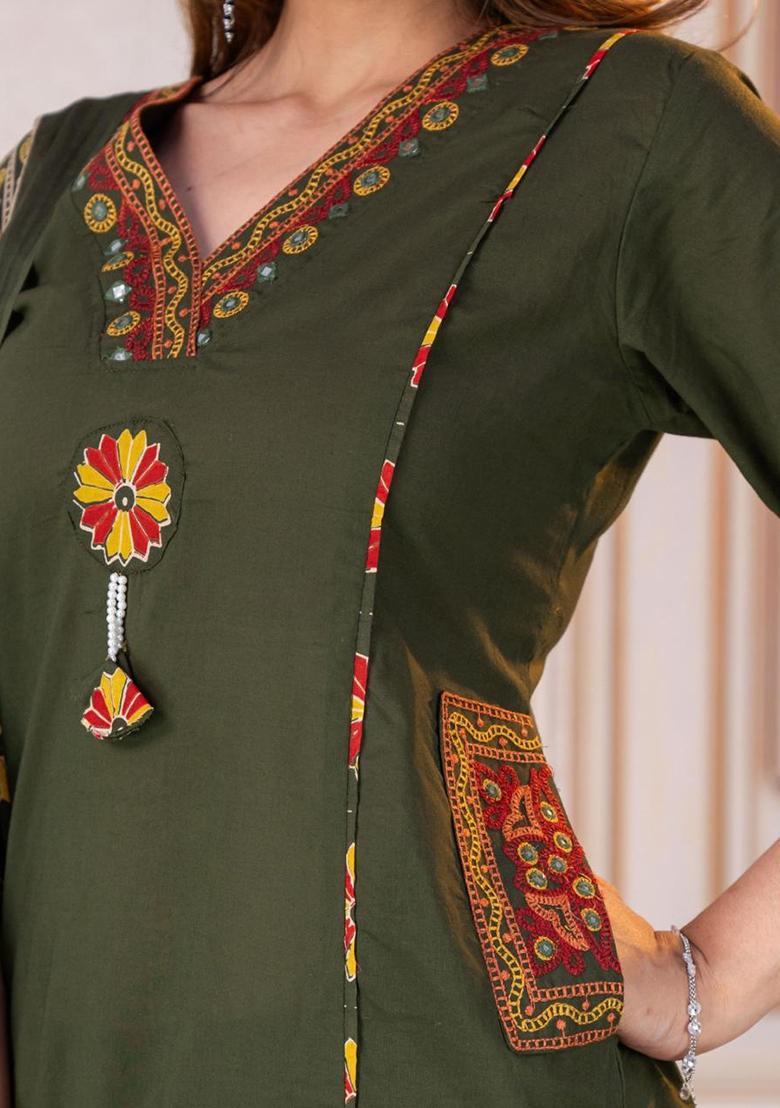 Olive Embroidered Cotton Kurta Set - Indya
