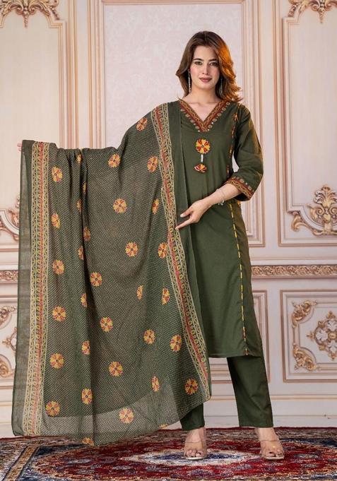 Olive Embroidered Cotton Kurta Set