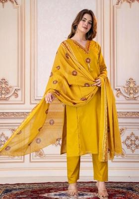 Yellow Embroidered Cotton Kurta Set