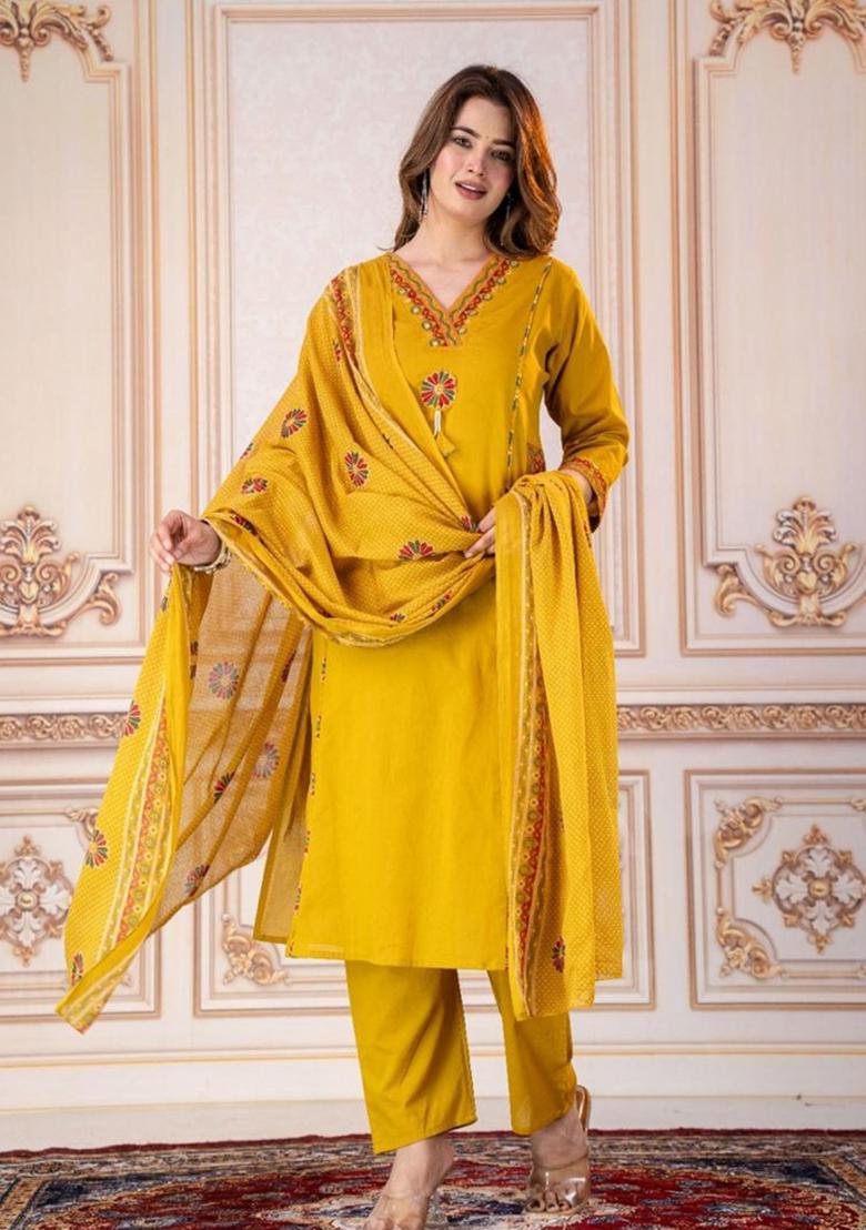 Yellow Embroidered Cotton Kurta Set - Indya