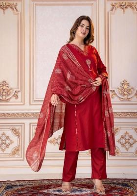 Red Embroidered Cotton Kurta Set
