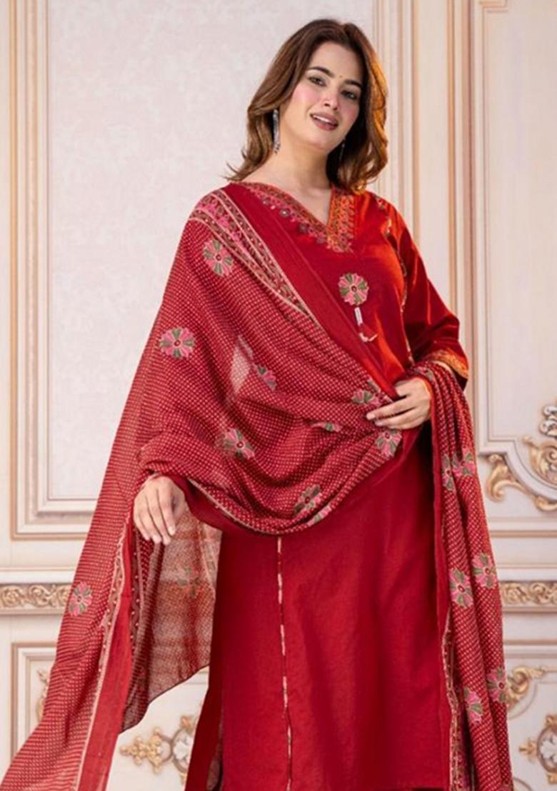 Red Embroidered Cotton Kurta Set - Indya