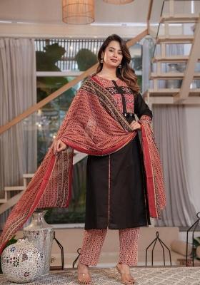 Black Embroidered Cotton Kurta Set