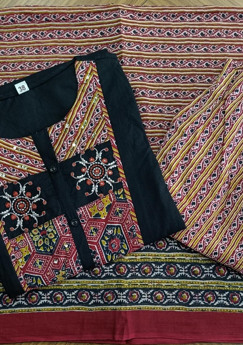 Black Embroidered Cotton Kurta Set - Indya