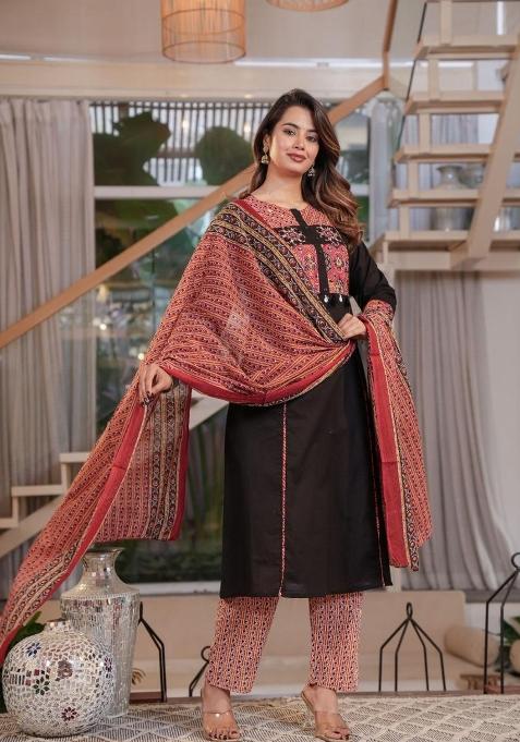 Black Embroidered Cotton Kurta Set