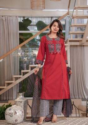 Red Embroidered Cotton Kurta Set