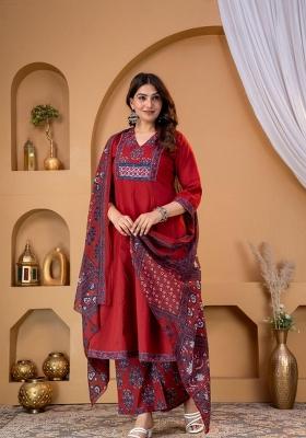 Maroon Embroidered Cotton Kurta Set