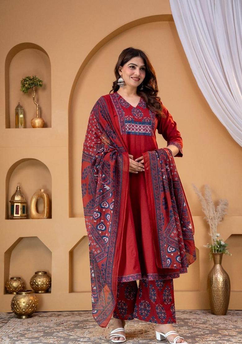 Maroon Embroidered Cotton Kurta Set - Indya