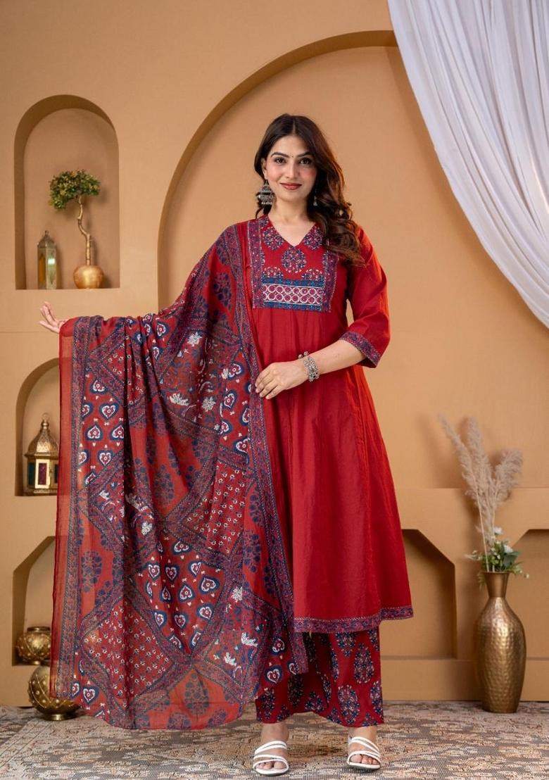 Maroon Embroidered Cotton Kurta Set - Indya