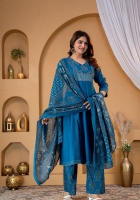 Blue Embroidered Cotton Kurta Set