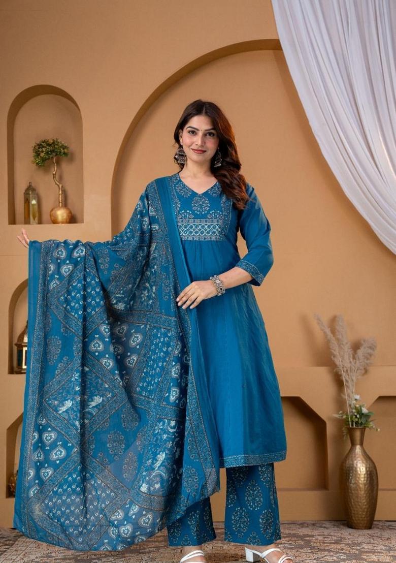 Blue Embroidered Cotton Kurta Set - Indya