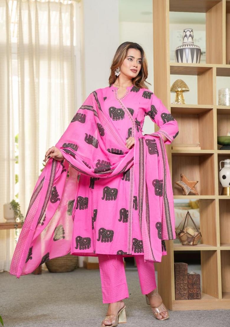 Pink Printed Cotton Kurta Set - Indya
