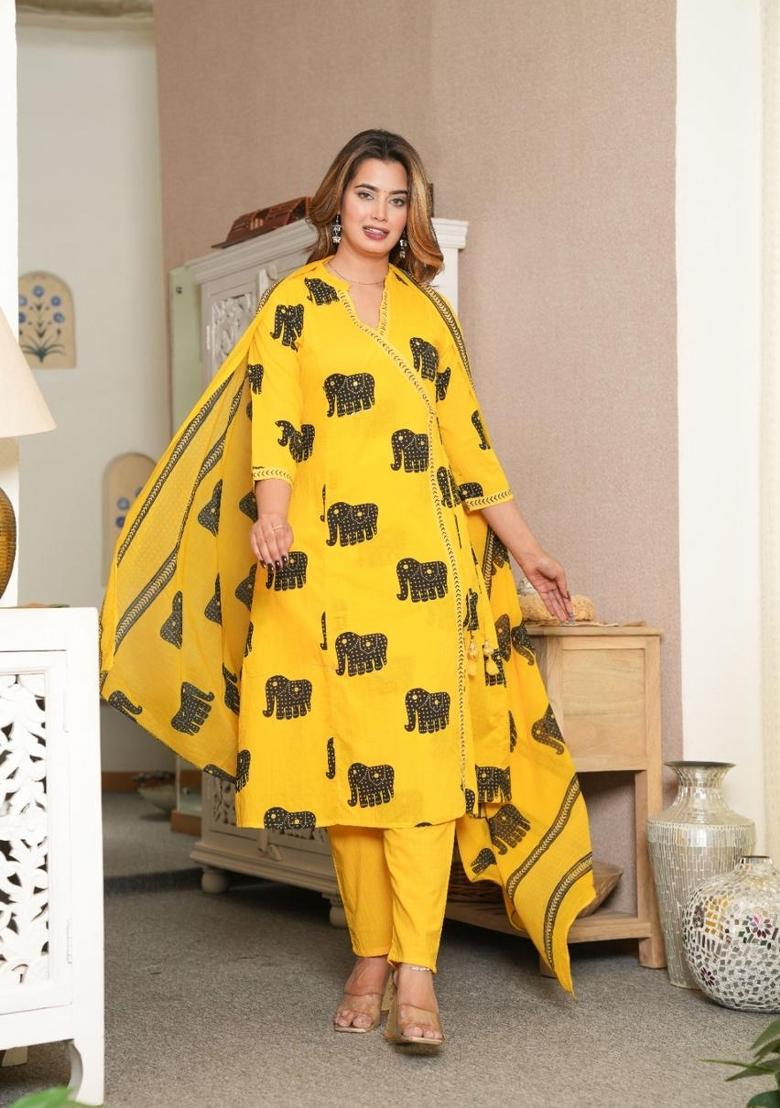 Yellow Printed Cotton Kurta Set - Indya