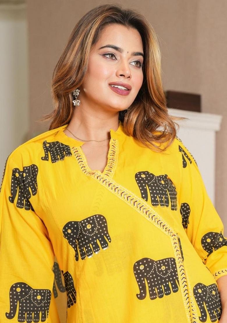 Yellow Printed Cotton Kurta Set - Indya