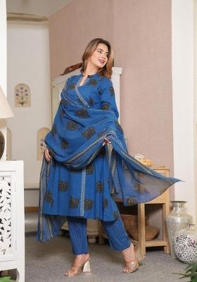 Blue Printed Cotton Kurta Set