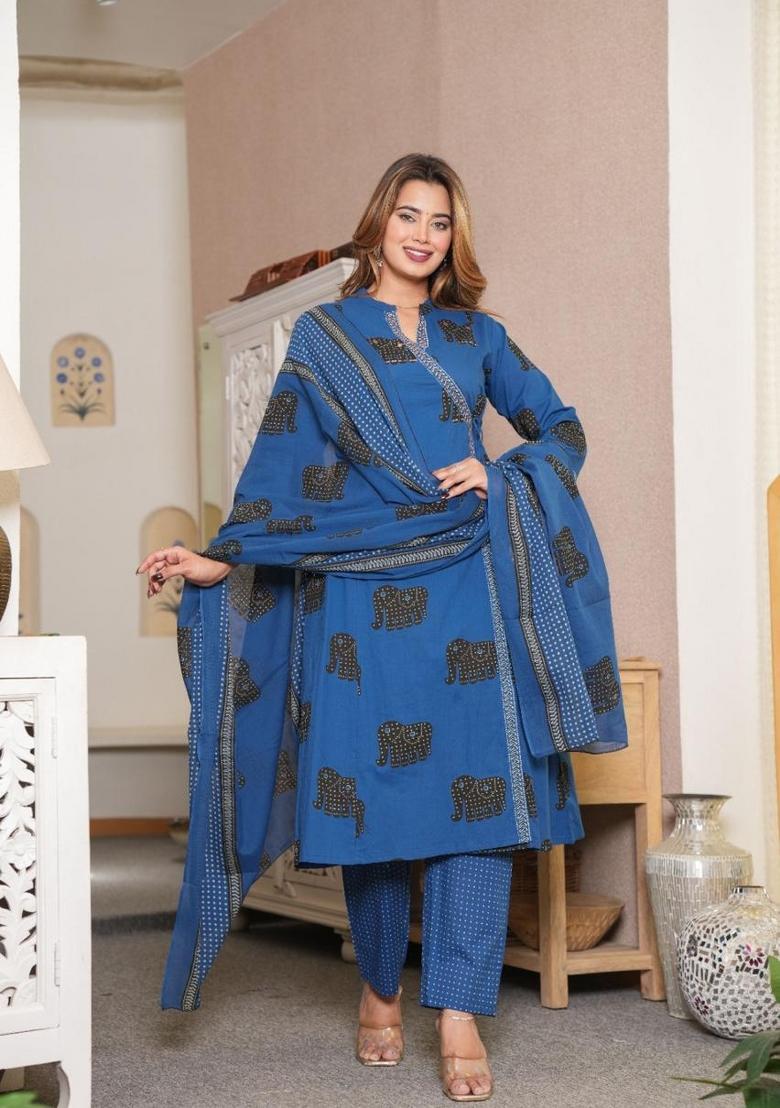 Blue Printed Cotton Kurta Set - Indya