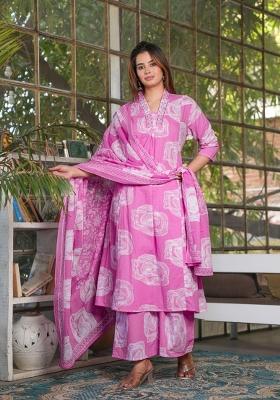 Pink Printed Cotton Kurta Set