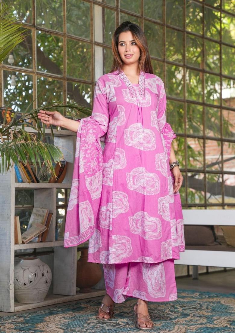 Pink Printed Cotton Kurta Set - Indya