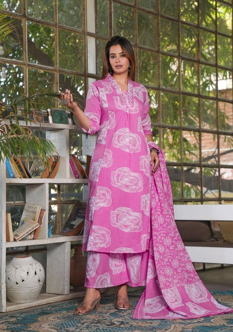 Pink Printed Cotton Kurta Set - Indya