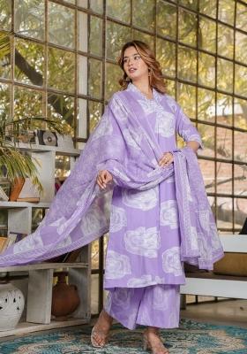 Lavender Printed Cotton Kurta Set