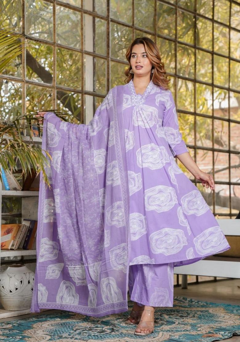 Lavender Printed Cotton Kurta Set - Indya