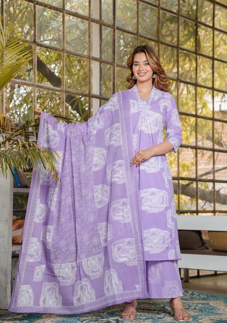 Lavender Printed Cotton Kurta Set - Indya
