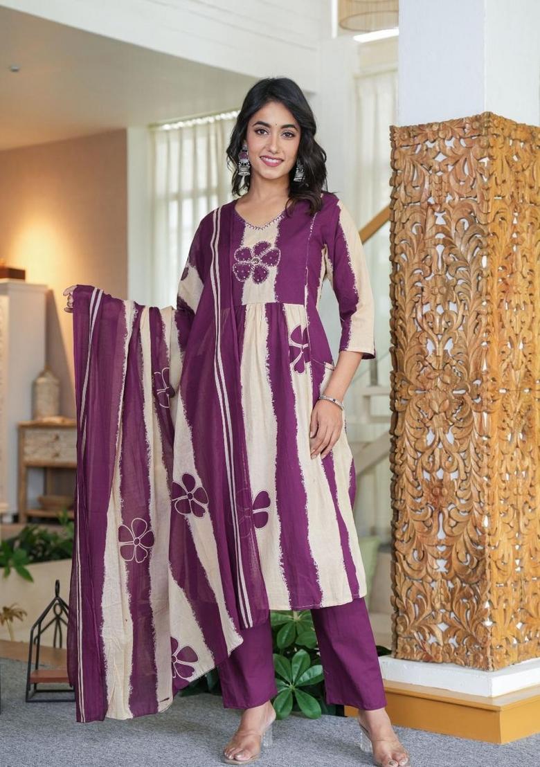 Purple Printed Cotton Kurta Set - Indya
