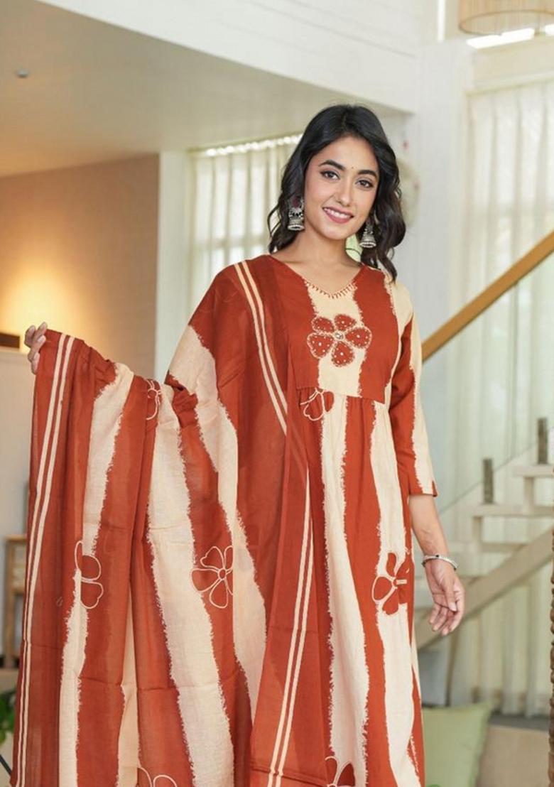 Copper Printed Cotton Kurta Set - Indya
