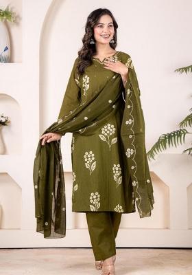 Mehendi Printed Cotton Kurta Set