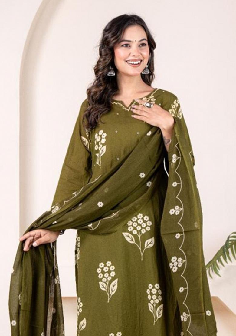 Mehendi Printed Cotton Kurta Set - Indya
