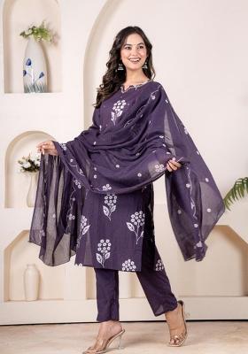 Purple Printed Cotton Kurta Set