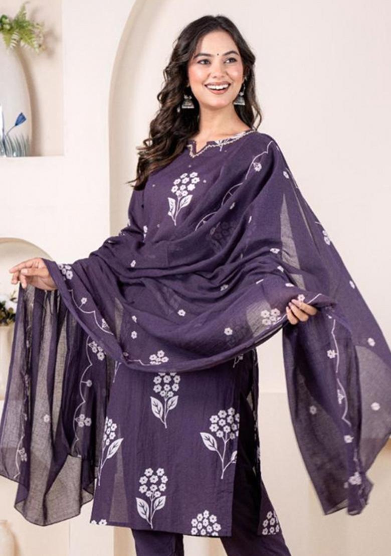 Purple Printed Cotton Kurta Set - Indya