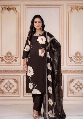 Brown Printed Cotton Kurta Set