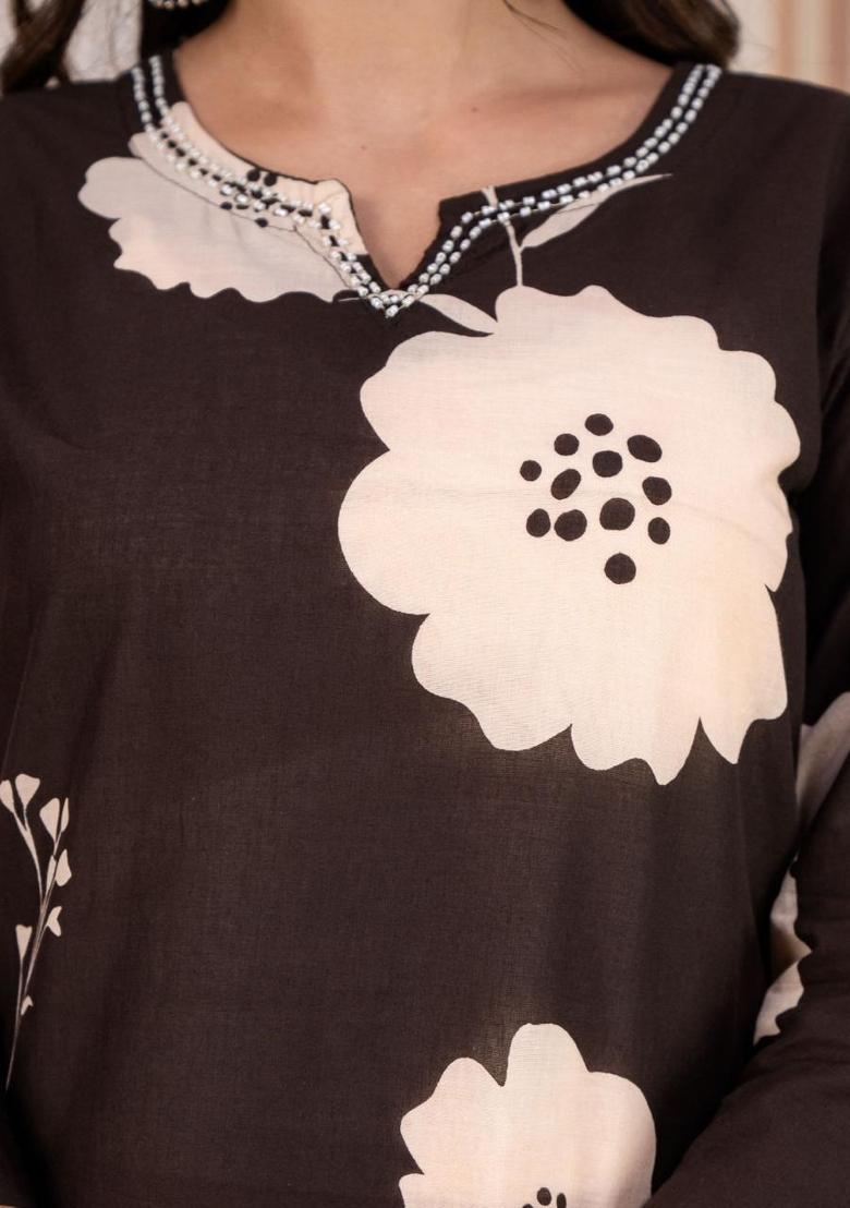 Brown Printed Cotton Kurta Set - Indya
