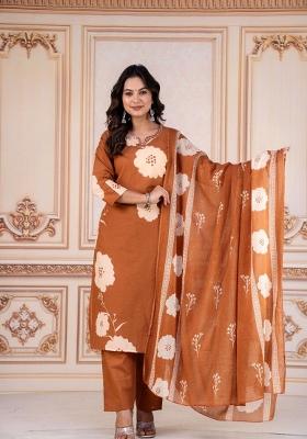 Copper Printed Cotton Kurta Set
