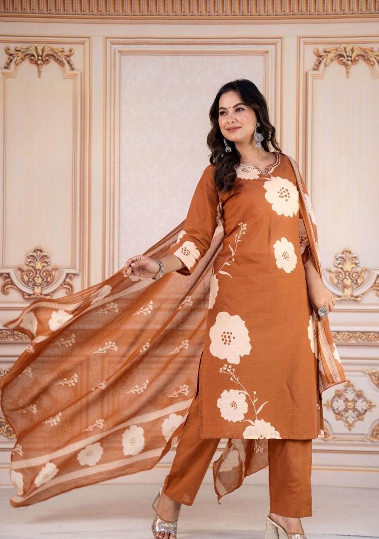 Copper Printed Cotton Kurta Set - Indya