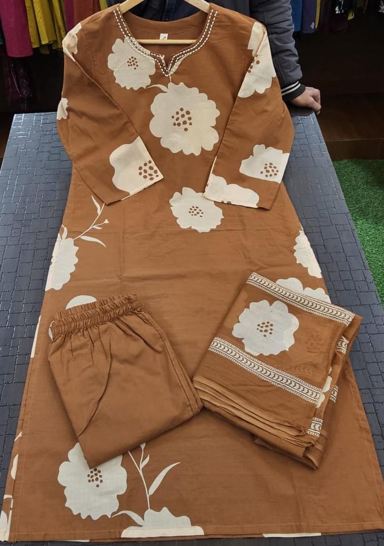 Copper Printed Cotton Kurta Set - Indya