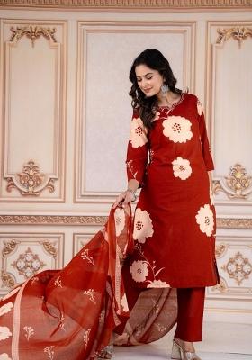 Red Printed Cotton Kurta Set